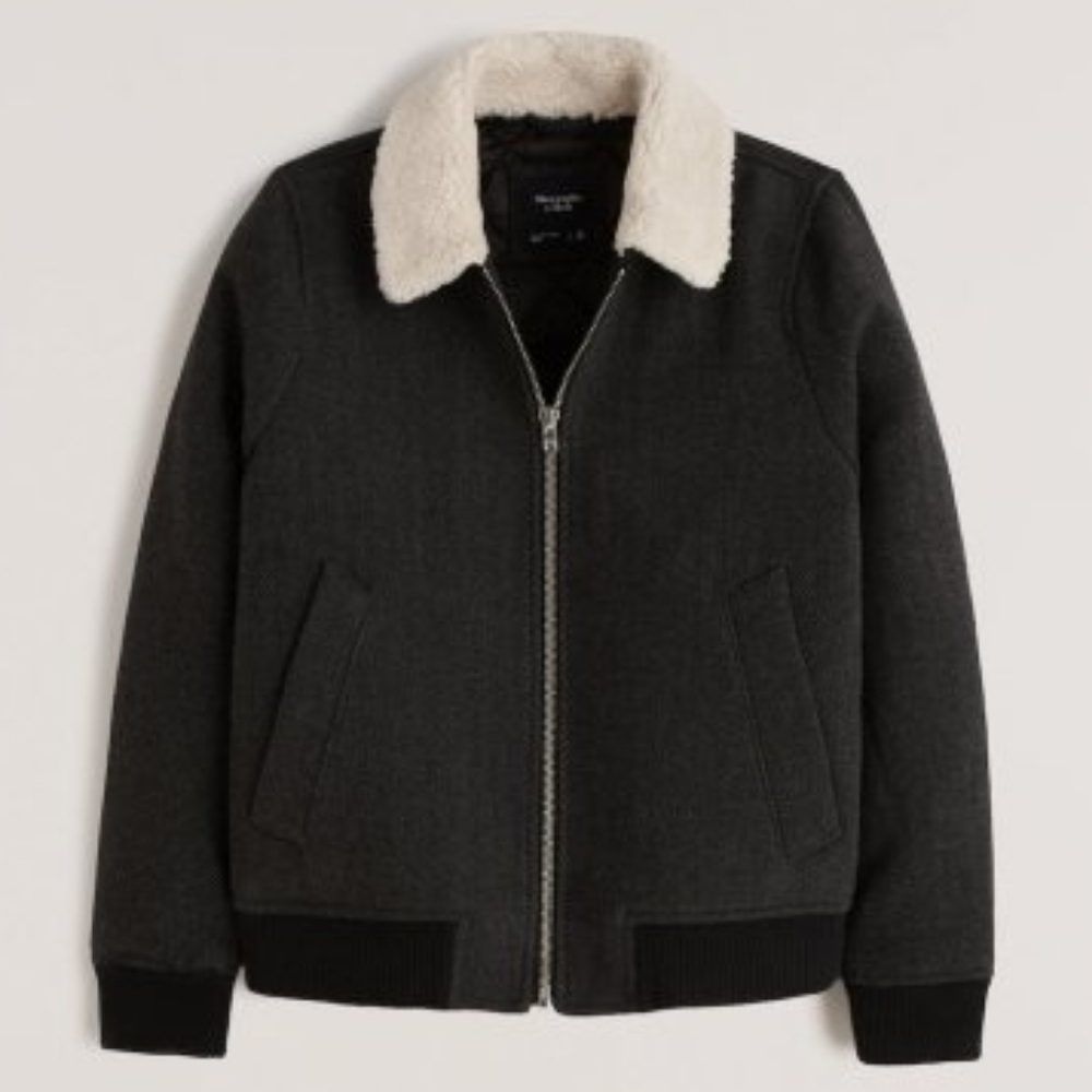 Men's Vintage Wool-Blend Aviator Jacket Faux Sherpa XXL Abercrombie Herringbone